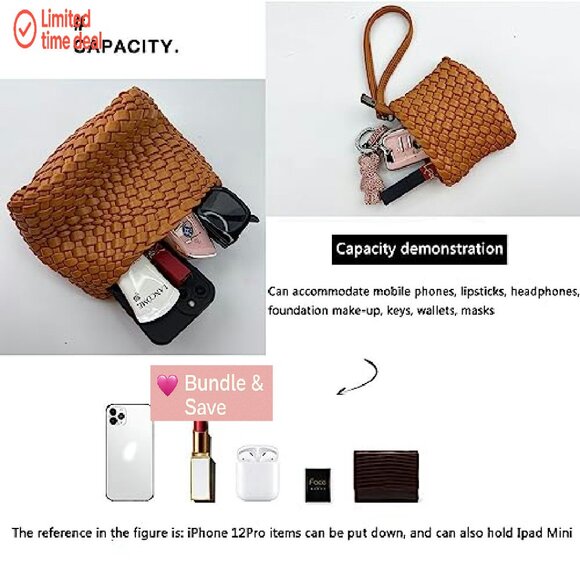 Mini Woven Vegan Leather Tote Bag, Crossbody Shoulder Purse with Zipper Pocket - Picture 3 of 8